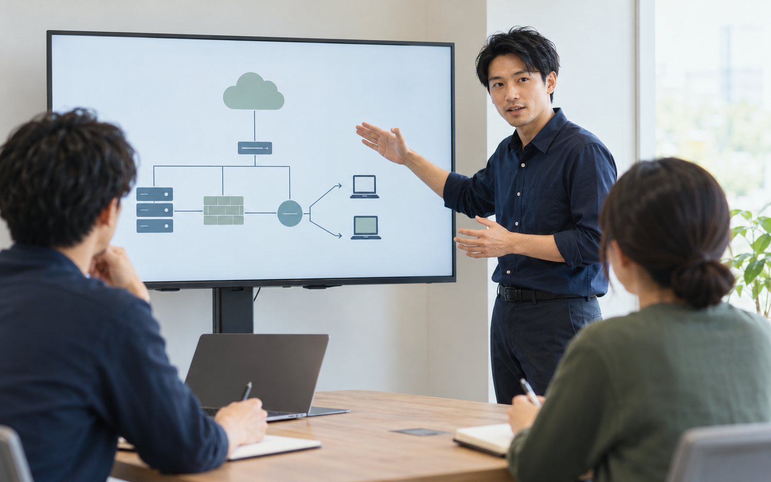 ネットワークの図を使ってセキュリティを解説する様子のイメージ